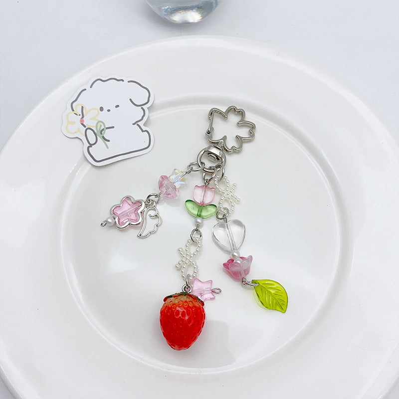 Porte-clés pendentif fraise créatif et mignon, ornement perlé