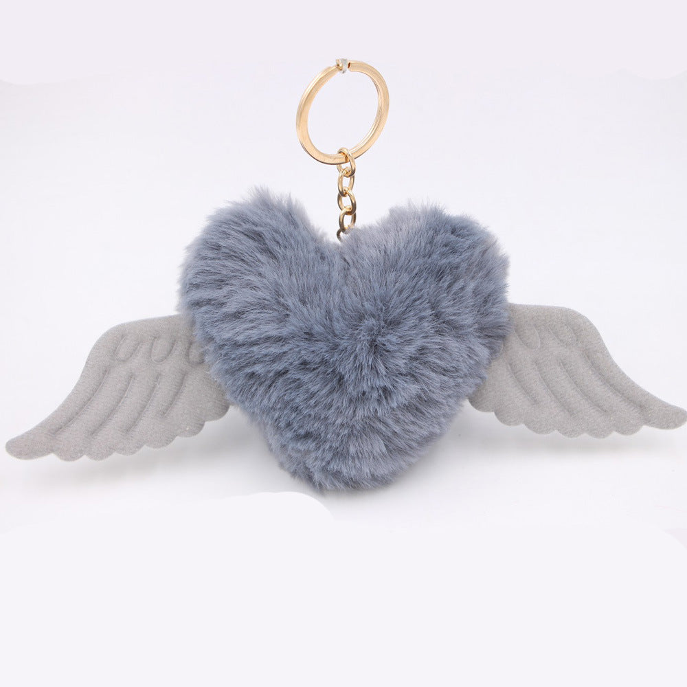 Peach Heart Wings Heart Wool Ball Keychain Pendant
