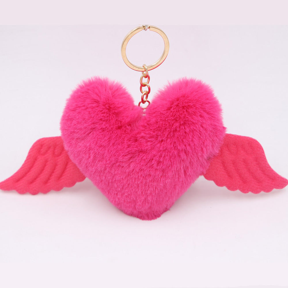 Peach Heart Wings Heart Wool Ball Keychain Pendant