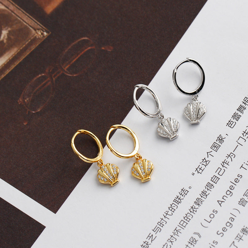 Rhinestone Zircon Shell-shaped Sterling Silver Stud Earrings
