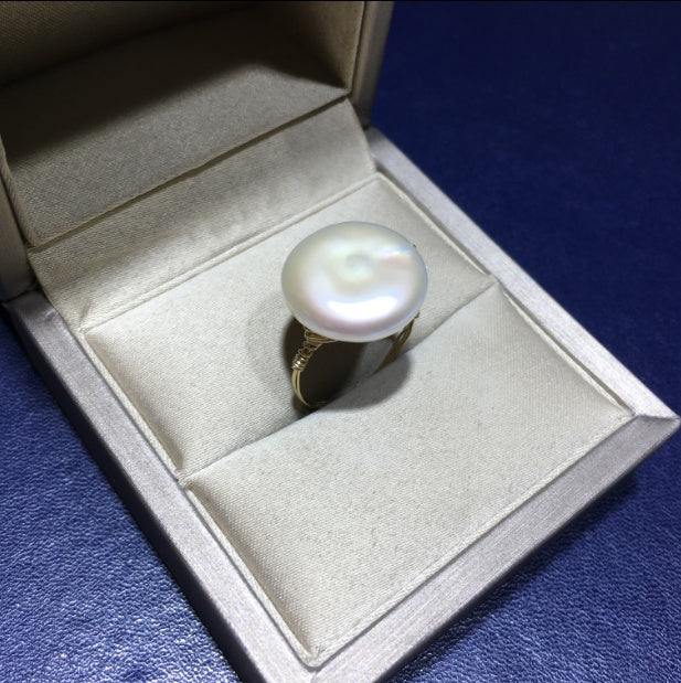 Authentic natural Baroque button 14K gold ring