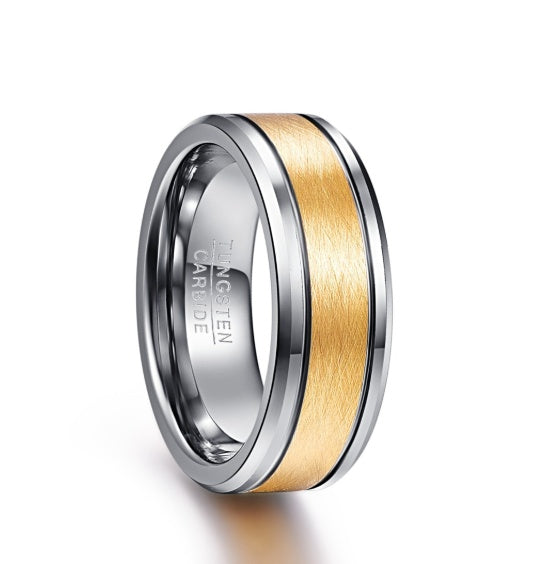 Men's 8mm Gold Color Brushed Center Two Grooves Tungsten Carbide Wedding Band Rings Beveled Edge - Jewel Nexus