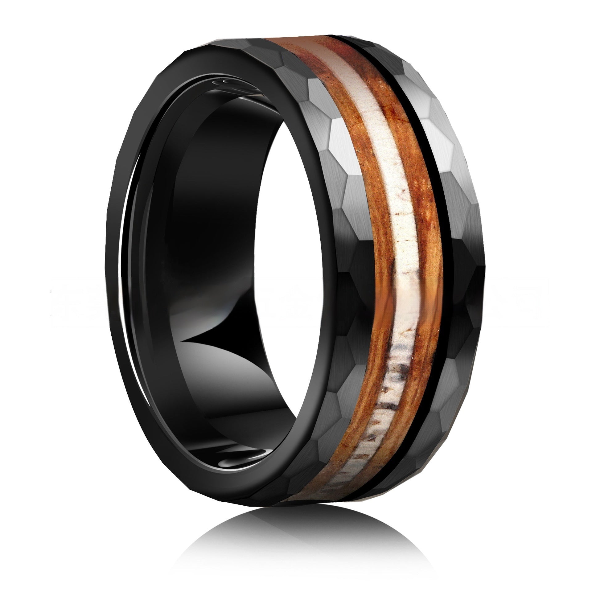 Electric Black And Rose Red Tungsten Ring 8mm Inlaid Fire Wine Barrel Wood Antlers