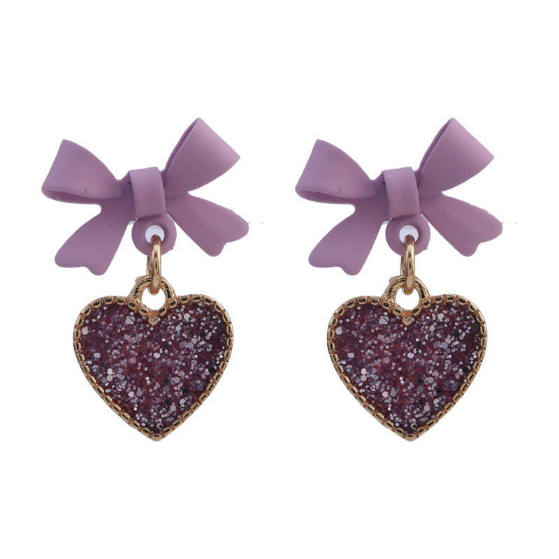 Nouveau Style coréen violet noeud paillettes amour coeur pince sur boucles d'oreilles doux