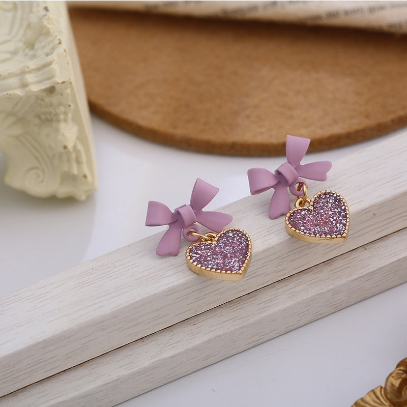 New Korean Style Purple Bow Sequin Love Heart Clip On Earrings Sweet