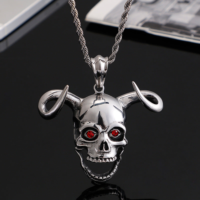 Wish Personality Long Chain Horn Ghost Head Men's Domineering Necklace Rock Hip Hop Pendant