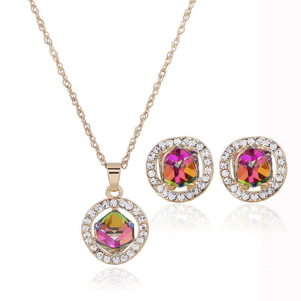 Bridal Necklace, earrings set, crystal jewelry, color gold, Korean pendant, new promotion, factory direct sales.