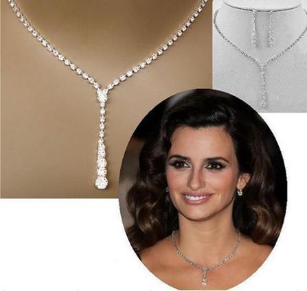 C192 New Europe simple bride Rhinestone Necklace ear suit 2 pieces of wedding jewelry sweater chain.
