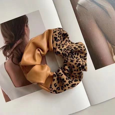 Leopard Print Leather Stitching New Color Block Large Intestine Hair Ring - Jewel Nexus