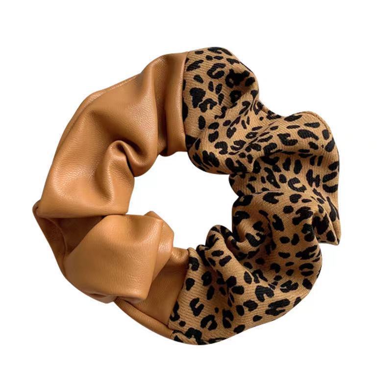 Leopard Print Leather Stitching New Color Block Large Intestine Hair Ring - Jewel Nexus