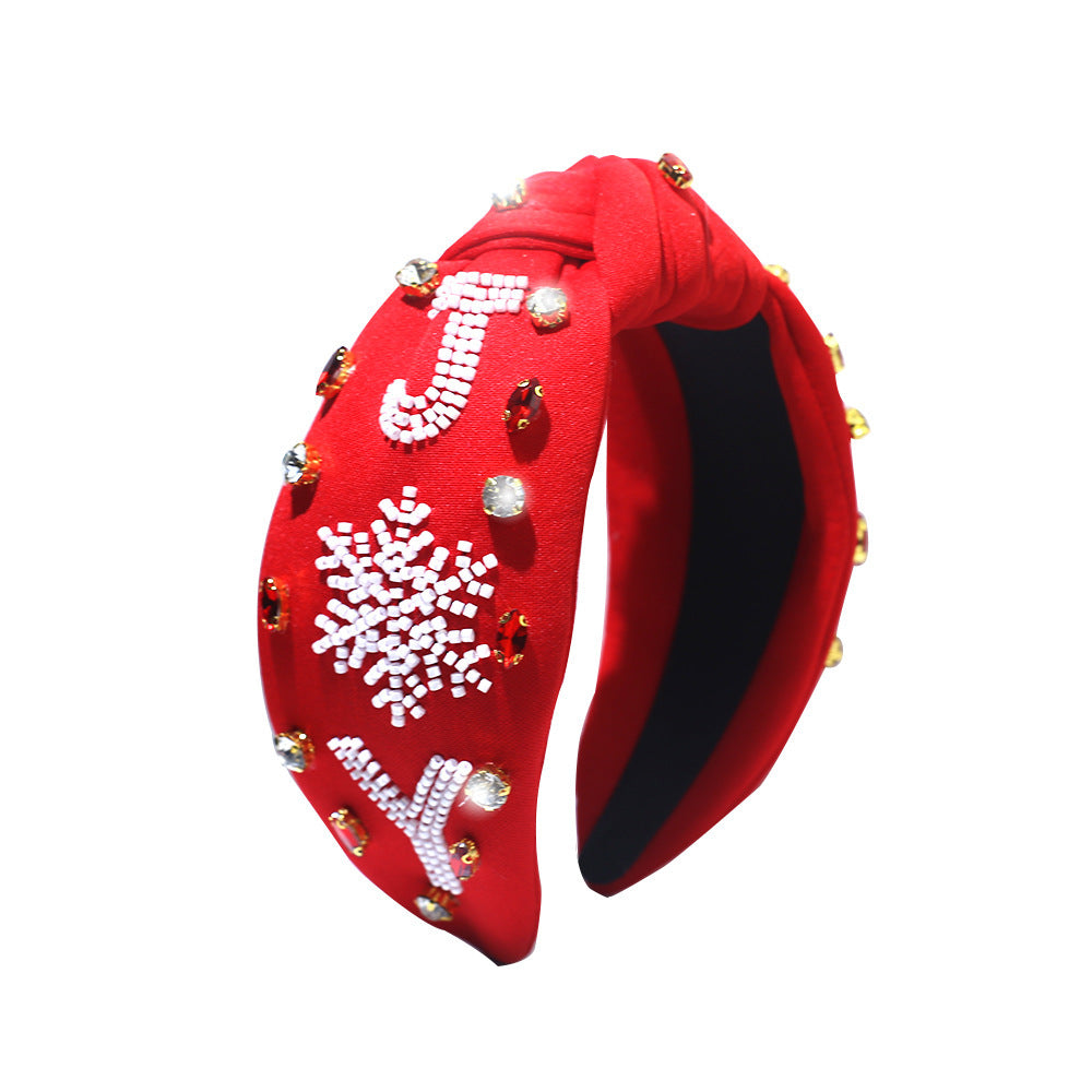 Christmas Snowflake Beads Headband Rhinestone Knotted Pearl Wide-brim Hair Accessories - Jewel Nexus