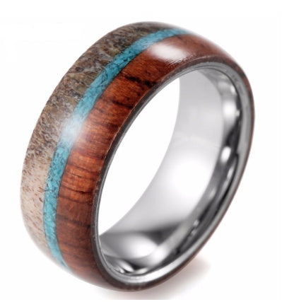 Tungsten ring with wood inlays and wild antlers for 8mm man with dome by SHARDON - Jewel Nexus