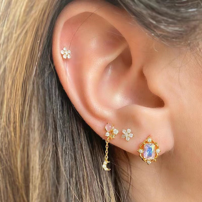 Romantic Star Moon Zircon Flower Earrings