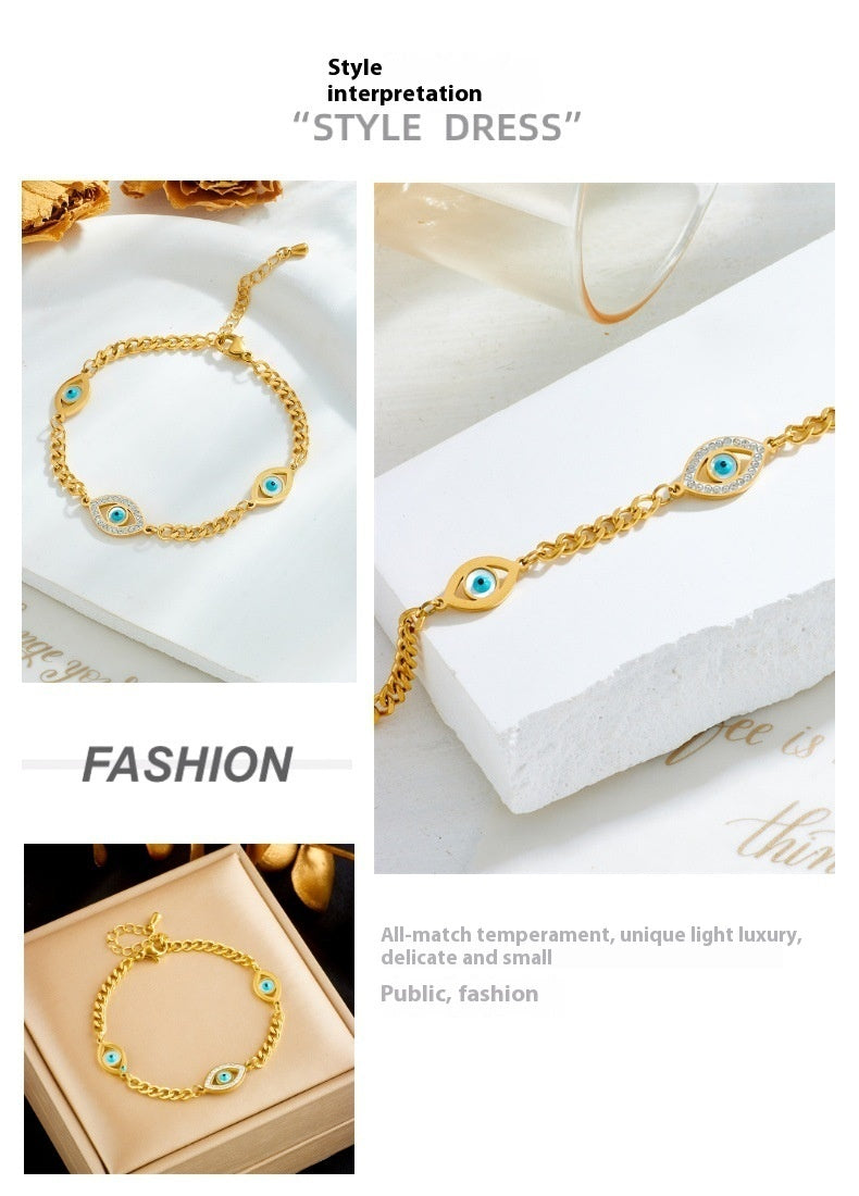 Glossy Diamond Blue Eyes Accessory Chain Titanium Steel Gold-plated Bracelet - Jewel Nexus