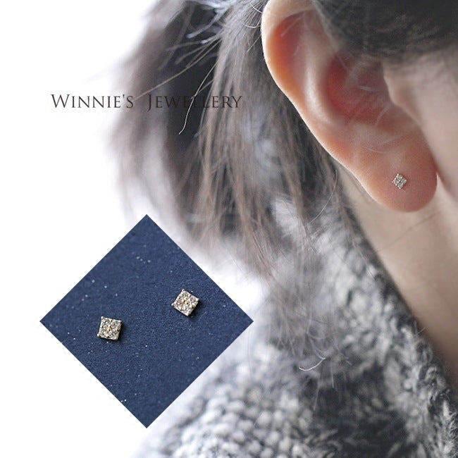 Simple Sterling Silver Plated Gold Inlaid Carbink Mini Square Stud Earrings All-matching Twin