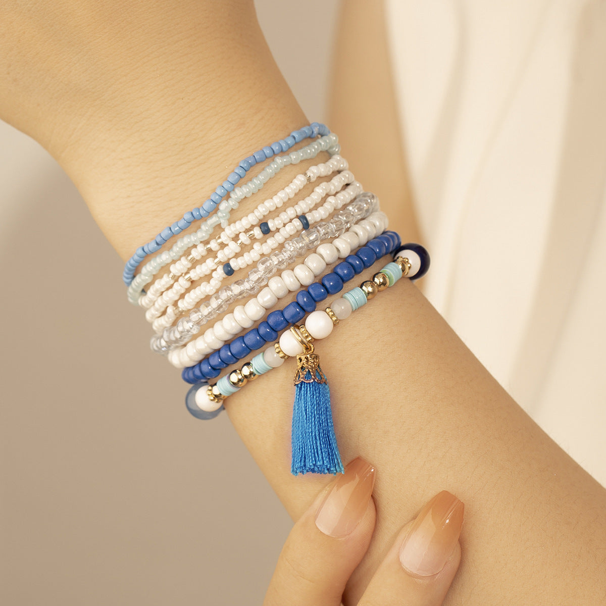 Ethnic Peacock Blue Tassel Pendant Japonica Rice Beads Bracelet - Jewel Nexus
