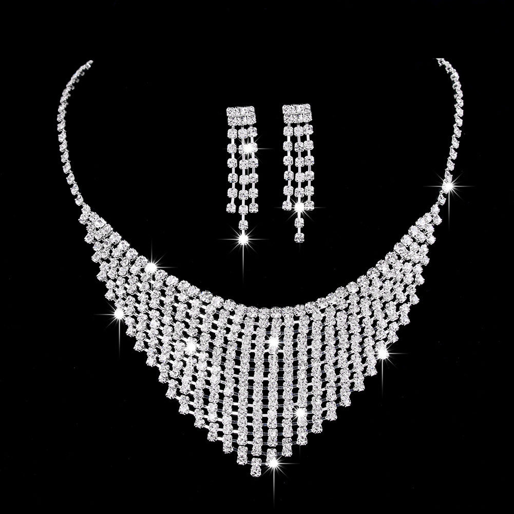 Full Rhinestone Zircon Water Drop Necklace Earrings Jewelry Set.