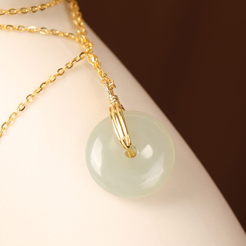 Retro Compact Peace Buckle Necklace Fashion Lady Round Jade Pendant Temperament Clavicle Chain S925 Silver Necklace Women