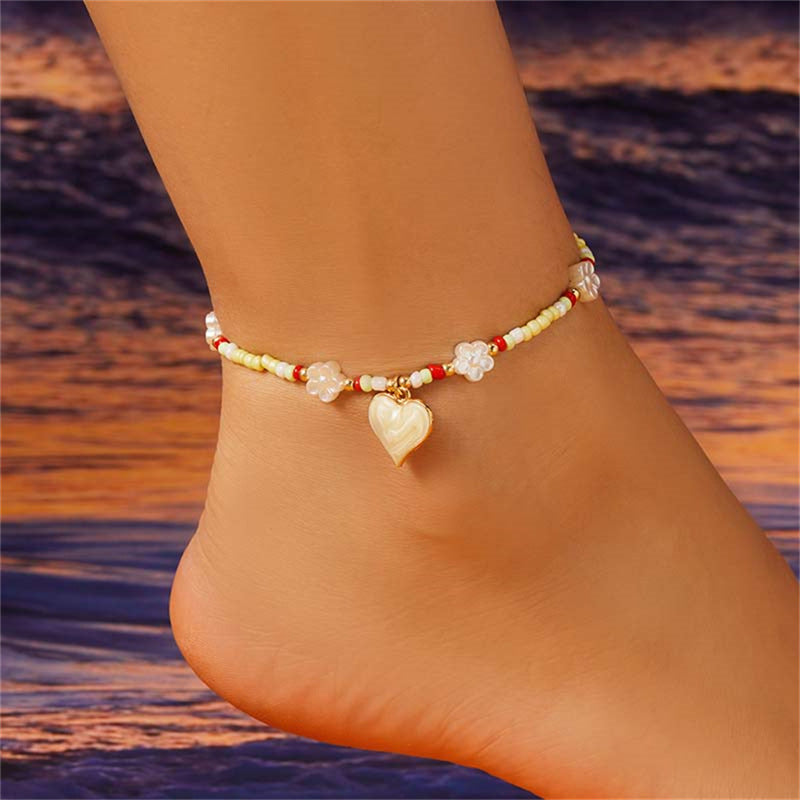 Fashion Love Heart Flowers Bead Anklet For Women
