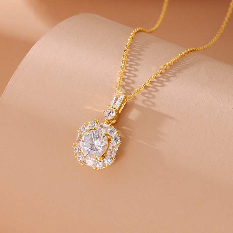Affordable Luxury Style Geometric Round Zircon Necklace Minimalist Design All-matching Graceful Clavicle Chain Korean Style High Sense