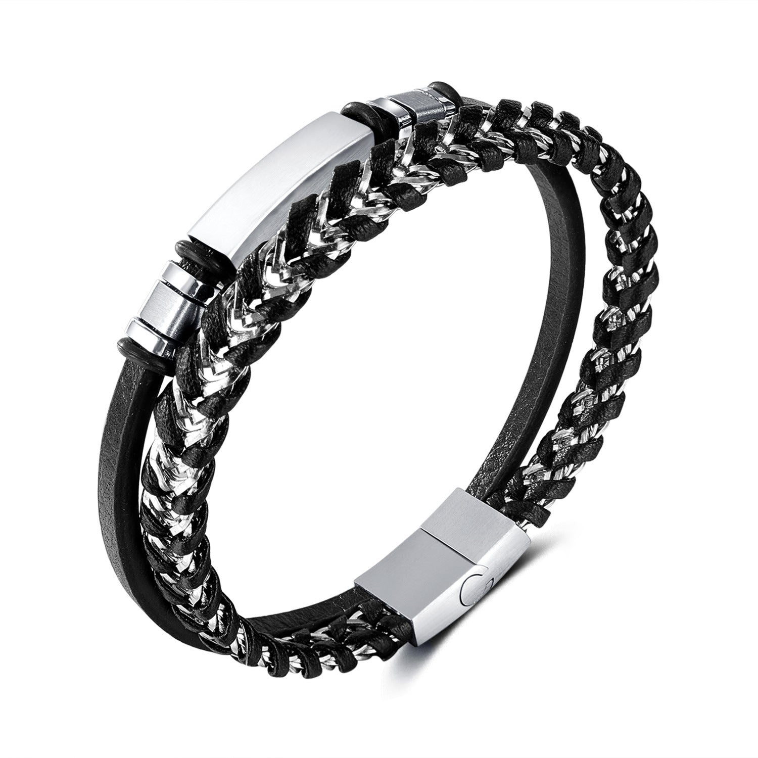 Stainless Steel Glossy Double-layer Woven Leather Bracelet - Jewel Nexus