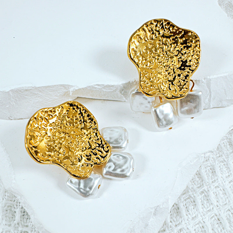 Boucles d'oreilles à pampilles en perles de forme spéciale, pièce carrée exagérée en acier inoxydable