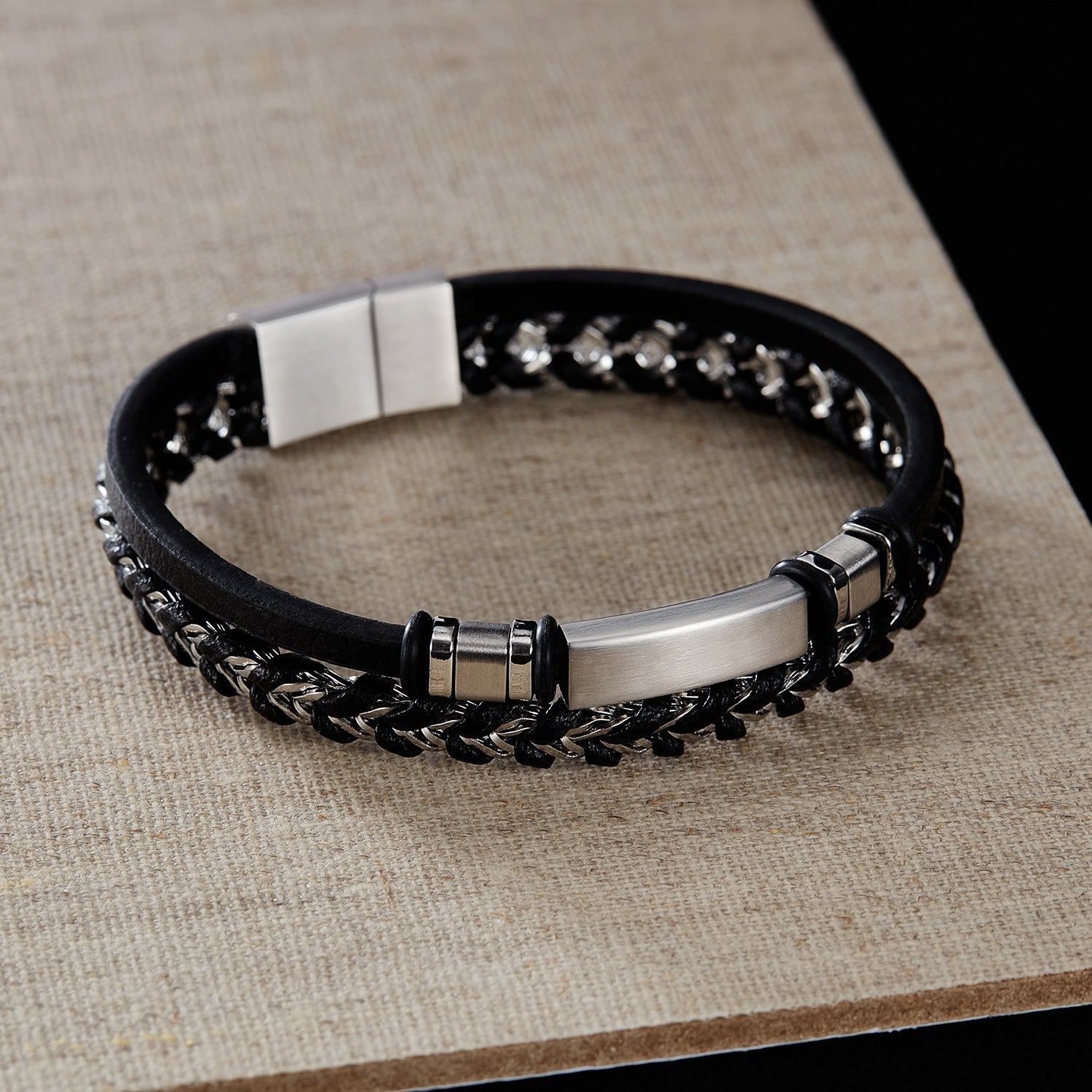 Stainless Steel Glossy Double-layer Woven Leather Bracelet