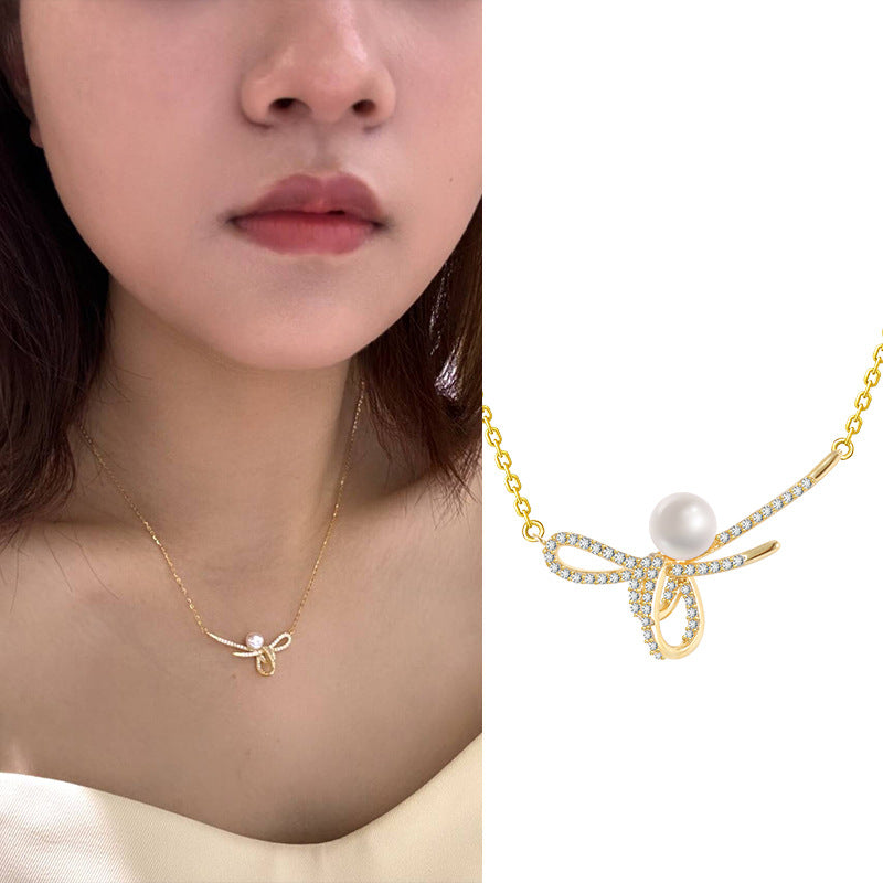 Pearl Necklace S925 Sterling Silver Light Luxury Trendy Bow Chain Set