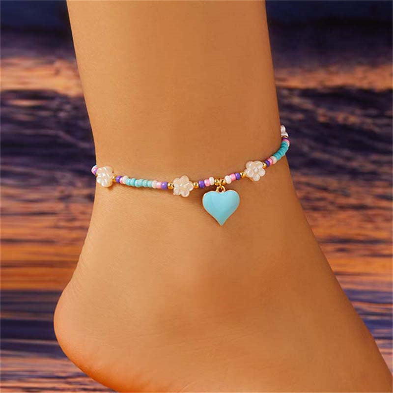 Fashion Love Heart Flowers Bead Anklet For Women