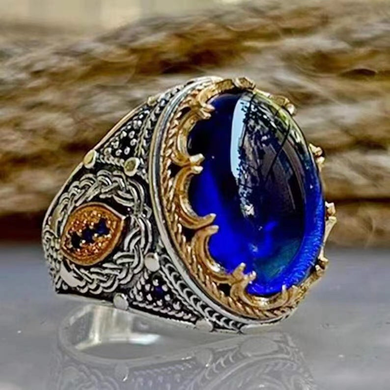 Artisan Diamond Blue Gem Carved Ring