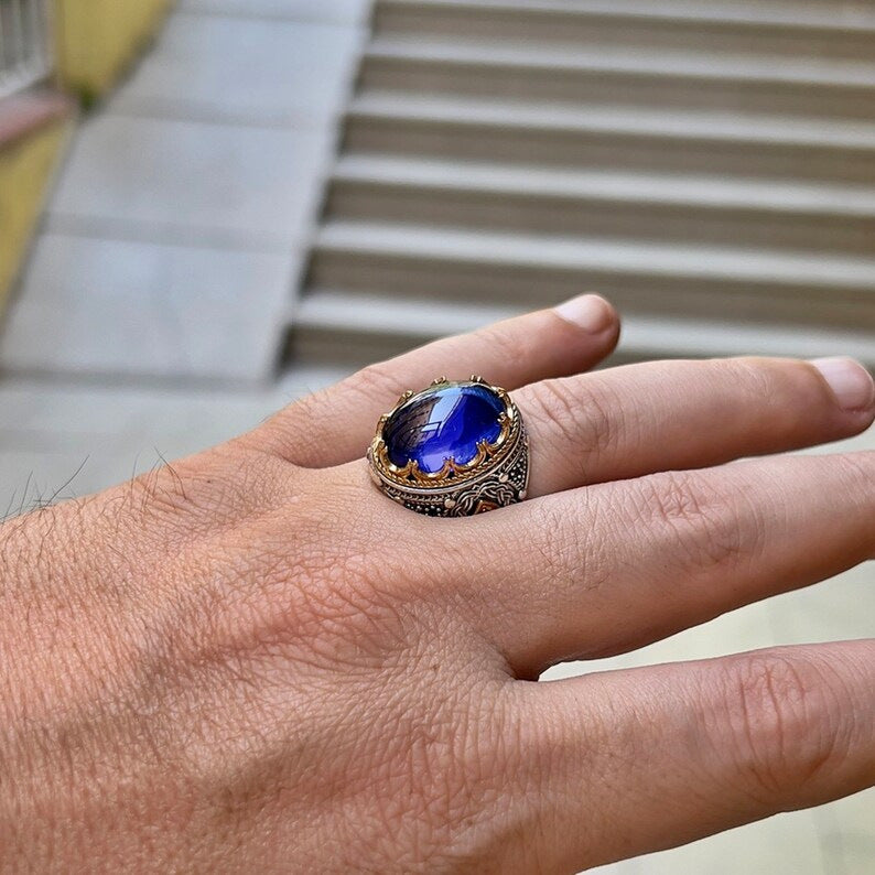 Artisan Diamond Blue Gem Carved Ring