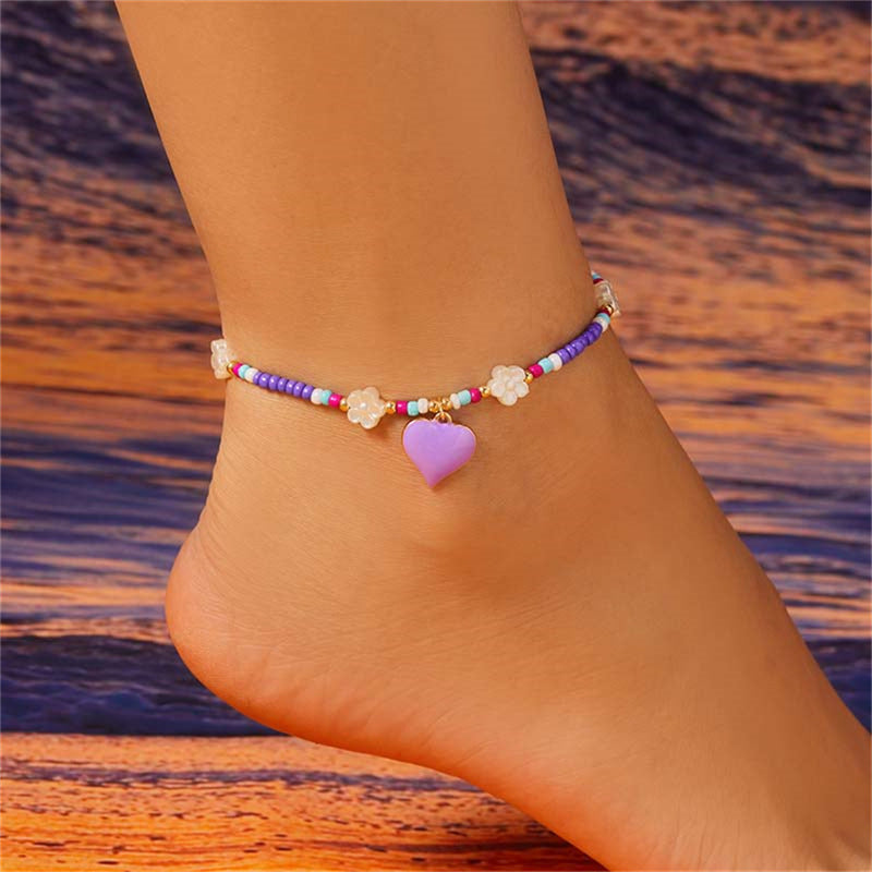 Bracelet de cheville en perles de fleurs et de cœur d'amour à la mode pour femmes