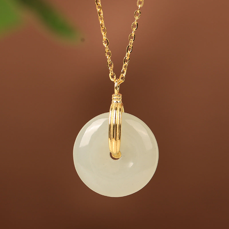 Retro Compact Peace Buckle Necklace Fashion Lady Round Jade Pendant Temperament Clavicle Chain S925 Silver Necklace Women