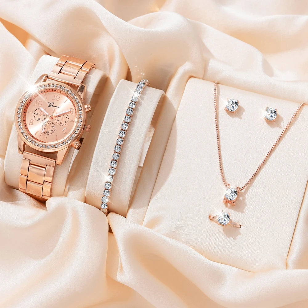 Rose Gold Radiance: Timeless Elegance Jewelry and Watch Set