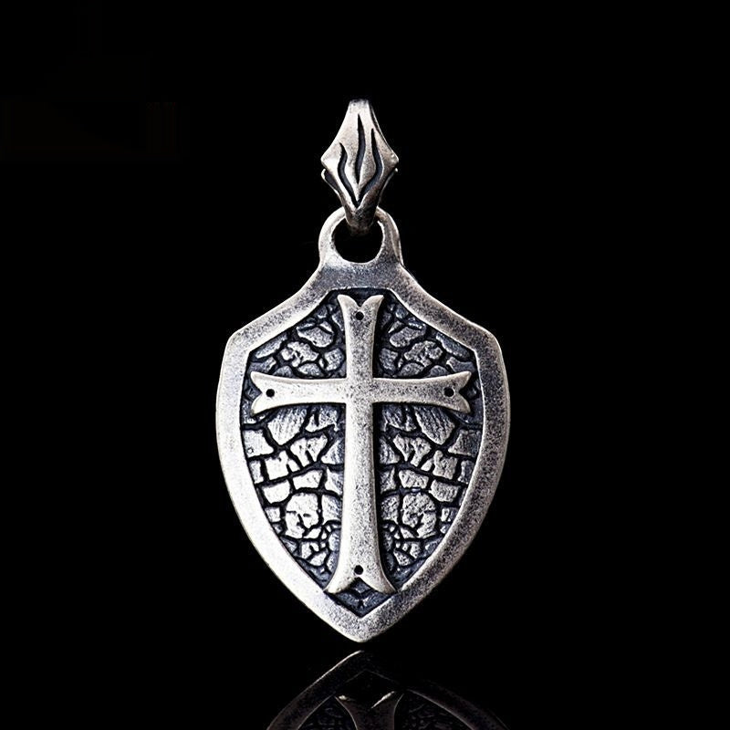 S925 Silver Cross Shield Necklace Pendant Dark Cold Style Sterling Silver Necklace