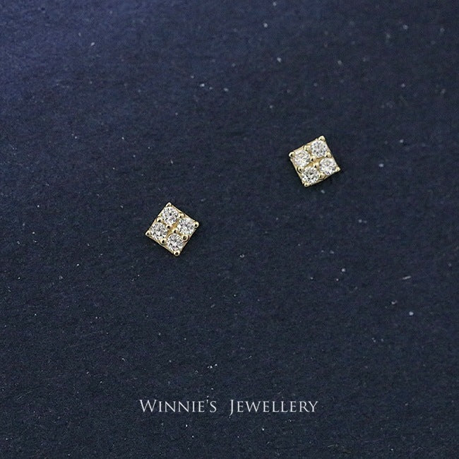 Simple Sterling Silver Plated Gold Inlaid Carbink Mini Square Stud Earrings All-matching Twin