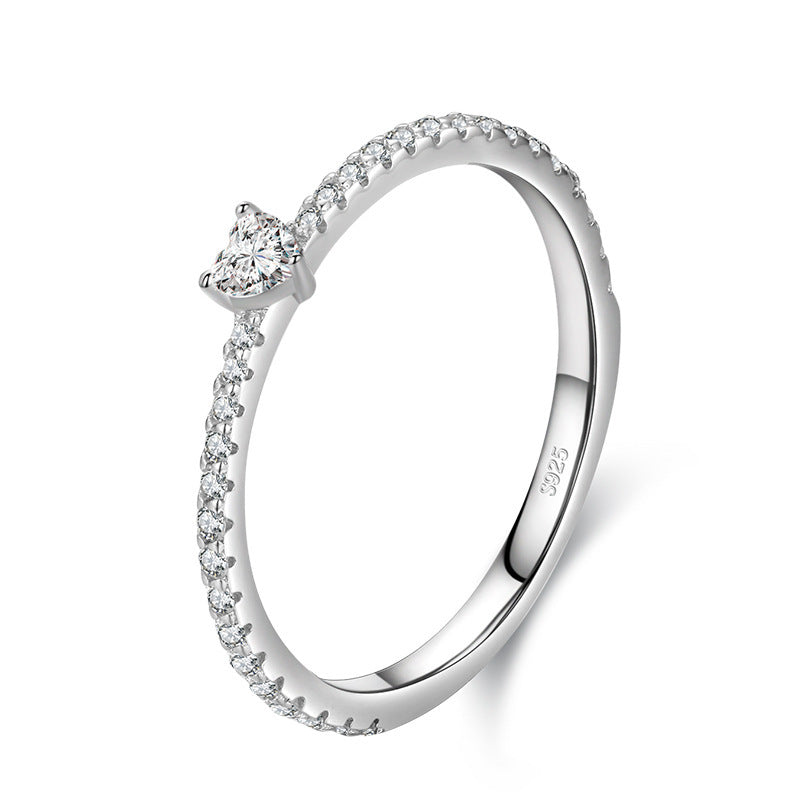 S925 Sterling Silver Light Luxury Simulation Diamond Heart-shaped Love Simple Wild Ring