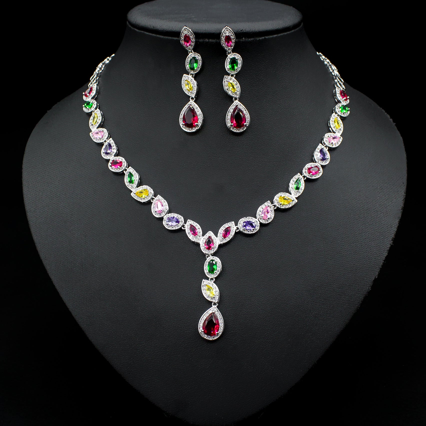 Colorful Zircon Necklace Earrings Clavicle Chain Female Noble Luxury Wedding Dress Three-piece Set - Jewel Nexus