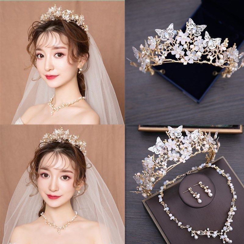 Veil Bride Wedding Dress Crown Three-piece Headdress Crown Super Fairy Series - Jewel Nexus